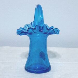 Kanawha Blue Crackle Glass Basket Ruffled Rim Hand Crafted West Virginia MCM